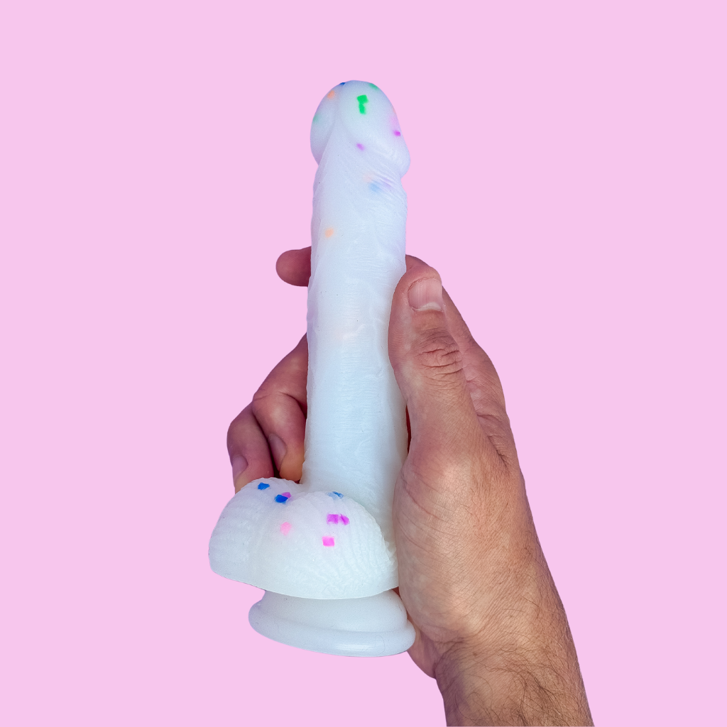 Confetti dildo which is a rainbow dildo.