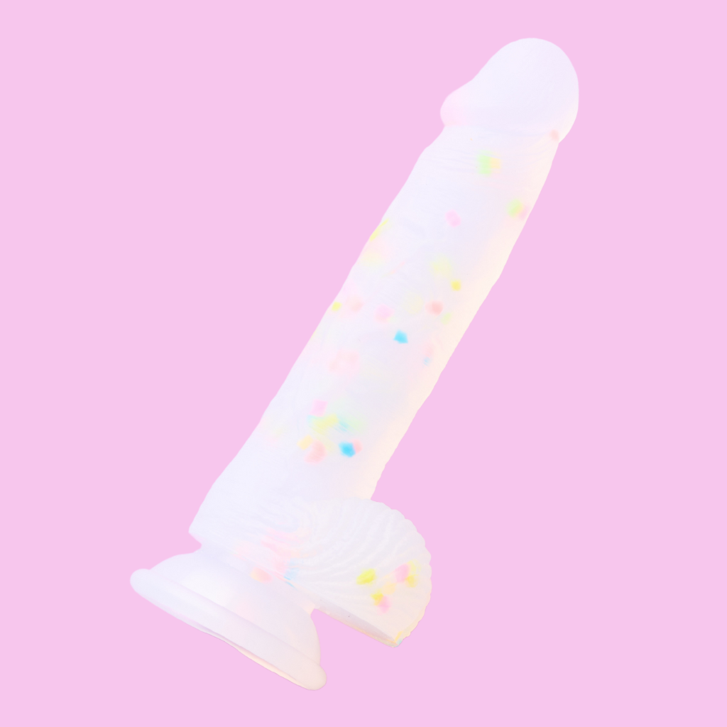 Rainbow and confetti dildo for females and males.