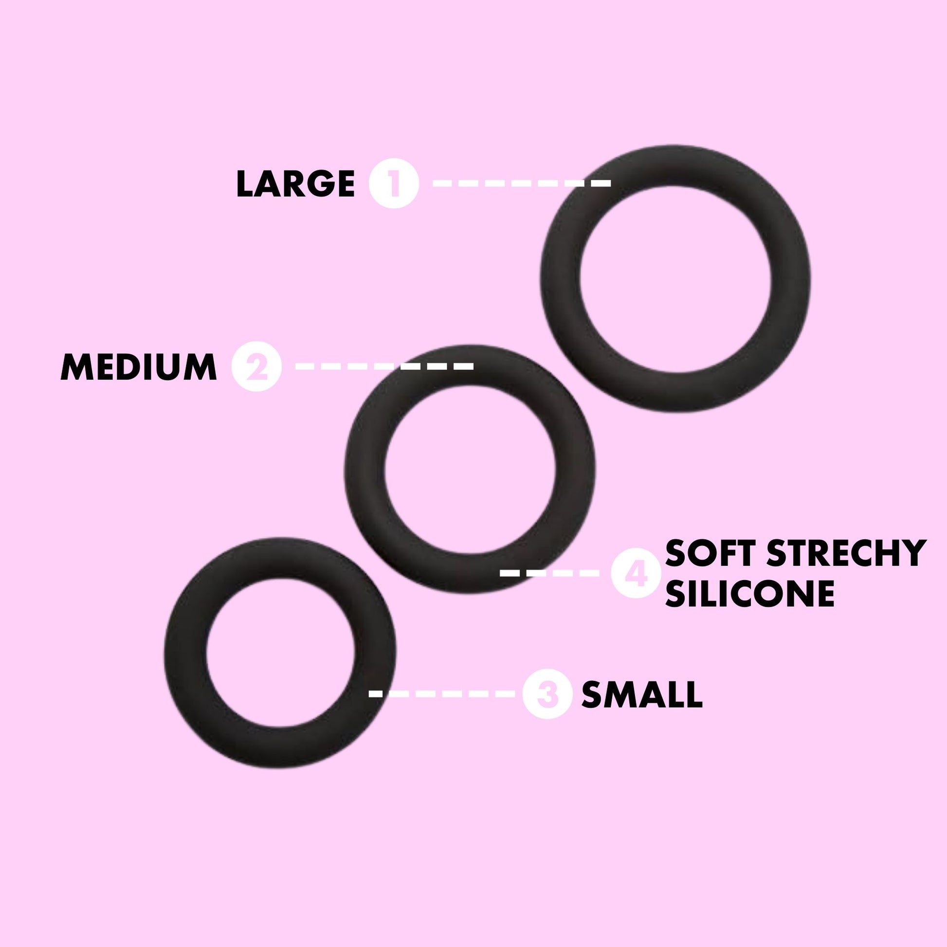 penis rings in black, 3 different sizes for males.