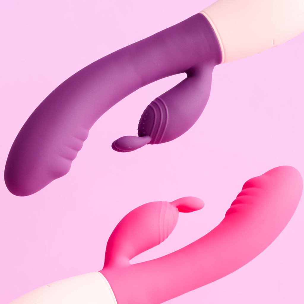 Rabbit vibrator with multiple massager modes in pink and purple.